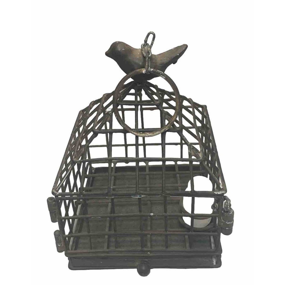 Vintage Iron Metal Bird Cage With Bird On Top w/ Hinge opening,pull Out Tray